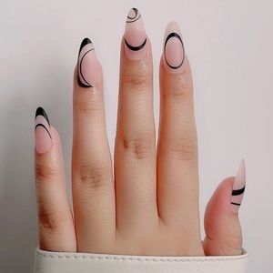 Long Almond Striped Press On Nails 24 PCs